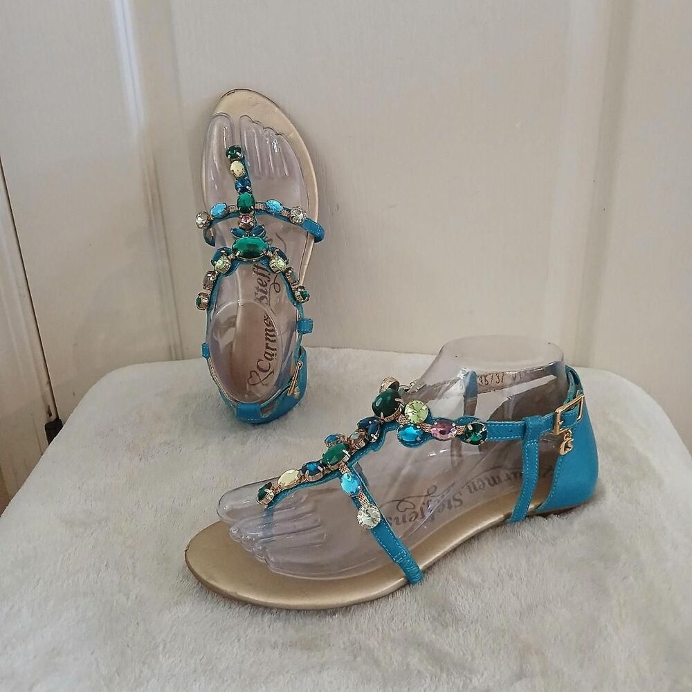 Carmen Steffens Teal Leather Flat Thong T-strap Sandals Jewel Tone Rhinestones